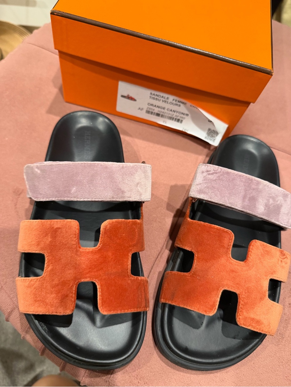 Hermes Two-Tone Velvet Slide Sandals in Orange and Pink